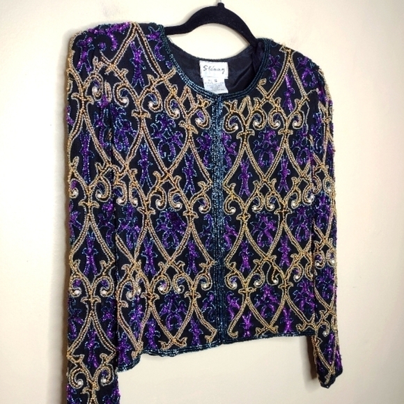 Vintage Stenay Silk Hand-Beaded Jacket S Opulent 80s Holiday Formal Glam - Picture 3 of 11